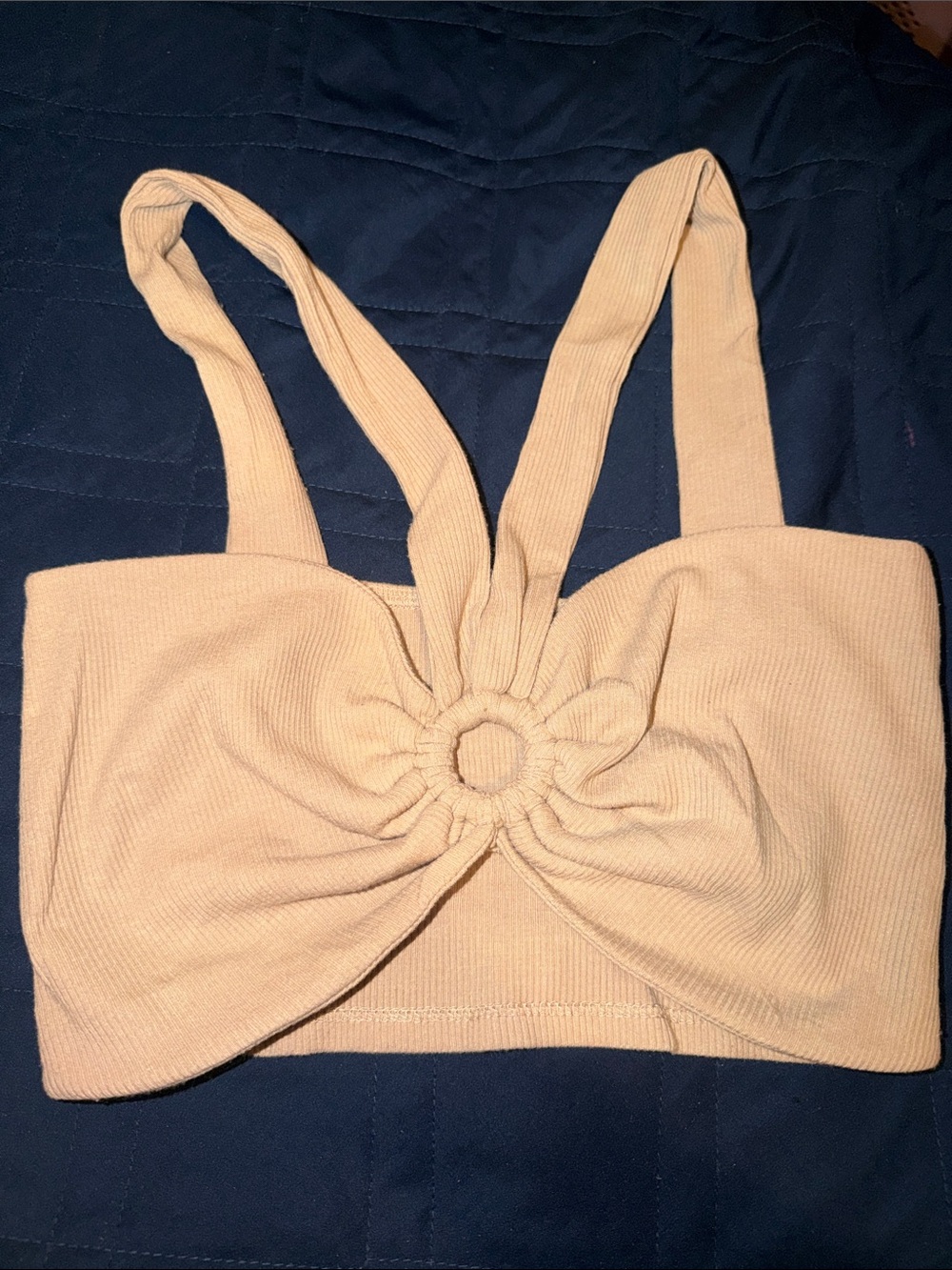 Neutral Ring-Front Ribbed Crop Top with Double Straps